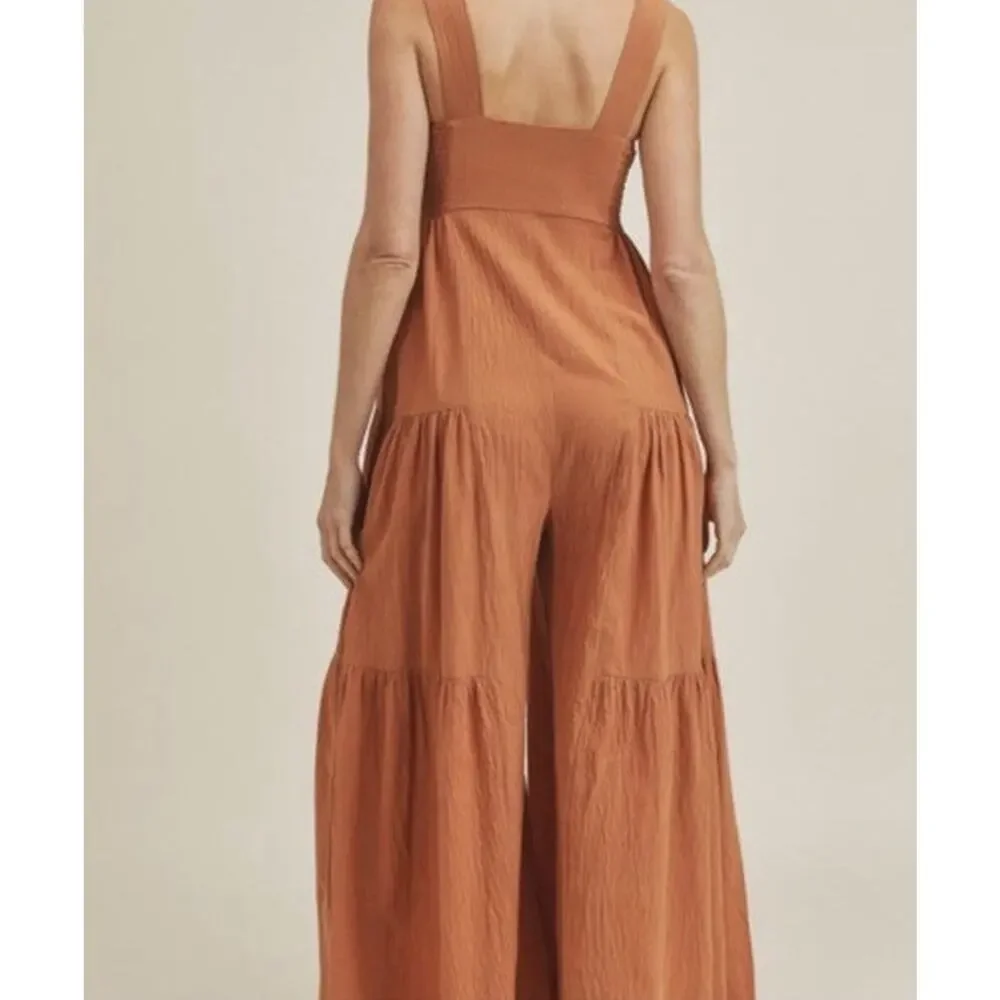 NWT Very J Wide Leg Palazzo Jumpsuit Women’s Sz Large Camel Orange Smocked - Picture 4 of 13